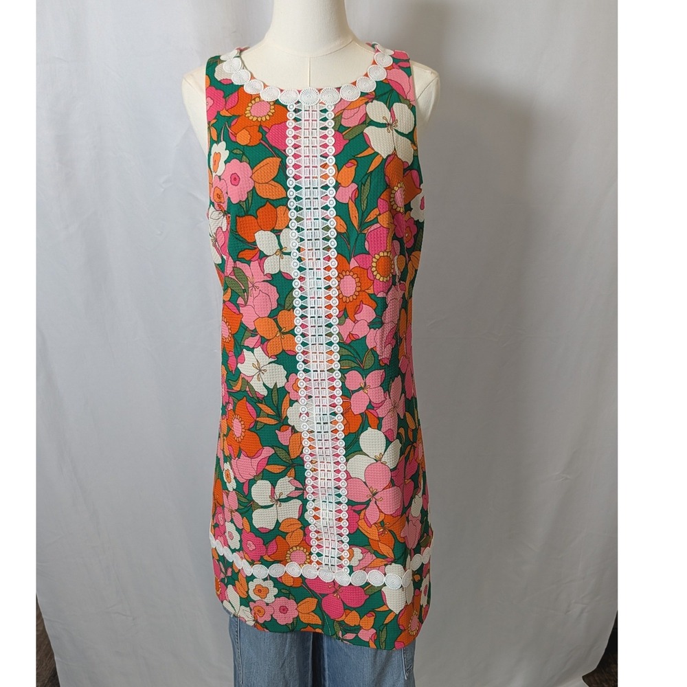 Eliza J Floral Shift Mini Dress Green Lace Retro Mod 60s 70s Costume Sz 10